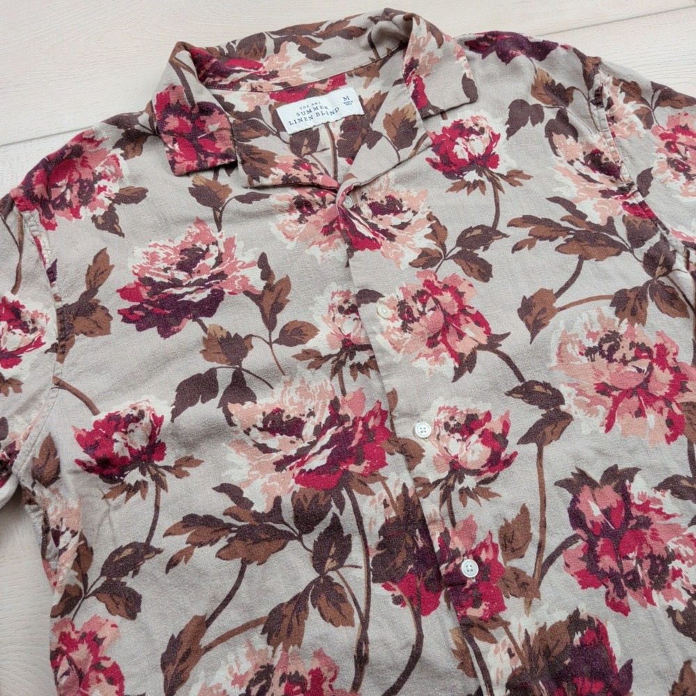 Abercrombie & Fitch Summer Linen Blend Camp Collar Shirt Mens M Tan Floral